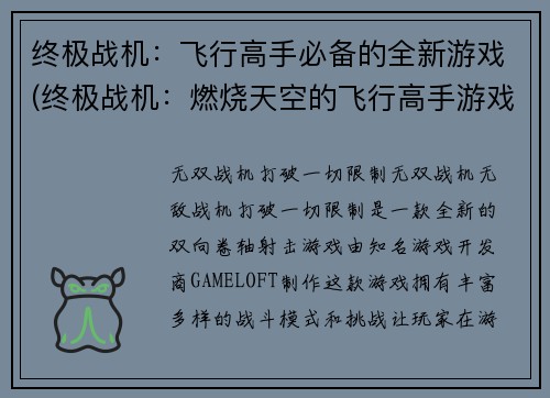 终极战机：飞行高手必备的全新游戏(终极战机：燃烧天空的飞行高手游戏续作)